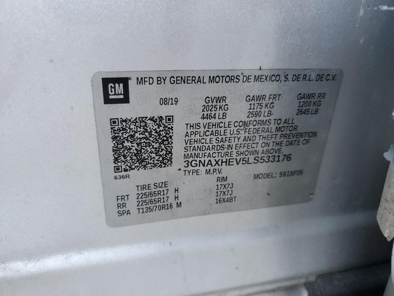 2020 Chevrolet Equinox VIN 3GNAXHEV5LS533176 Copart auction photo, side damage thumbnail 13