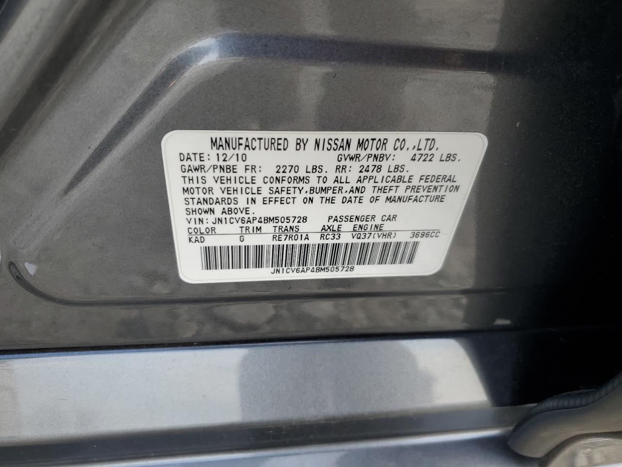 2011 Infiniti G VIN JN1CV6AP4BM505728 Copart auction photo, rear end damage thumbnail 12