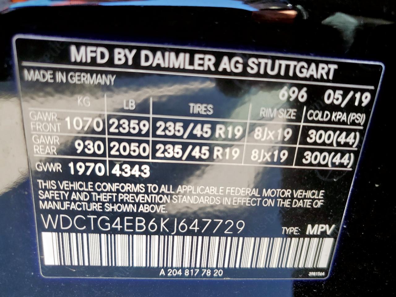 2019 Mercedes-Benz GLA-klasse VIN WDCTG4EB6KJ647729 Copart auction photo, front end damage thumbnail 13