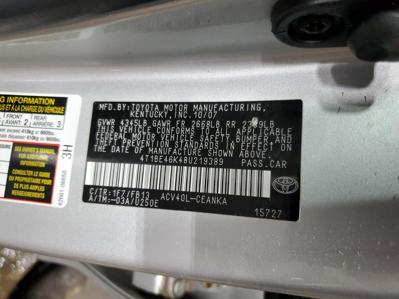 2008 Toyota Camry VIN 4T1BE46K48U219389 Copart auction photo, rear end / front end damage thumbnail 14
