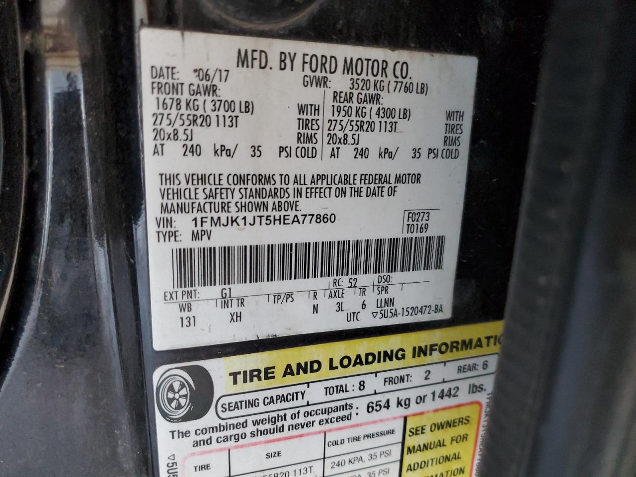 2017 Ford Expedition VIN 1FMJK1JT5HEA77860 Copart auction photo, undercarriage / hail damage thumbnail 14