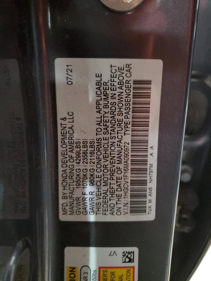 2021 Honda Accord VIN 1HGCV1F16MA090972 Copart auction photo, front end damage thumbnail 12