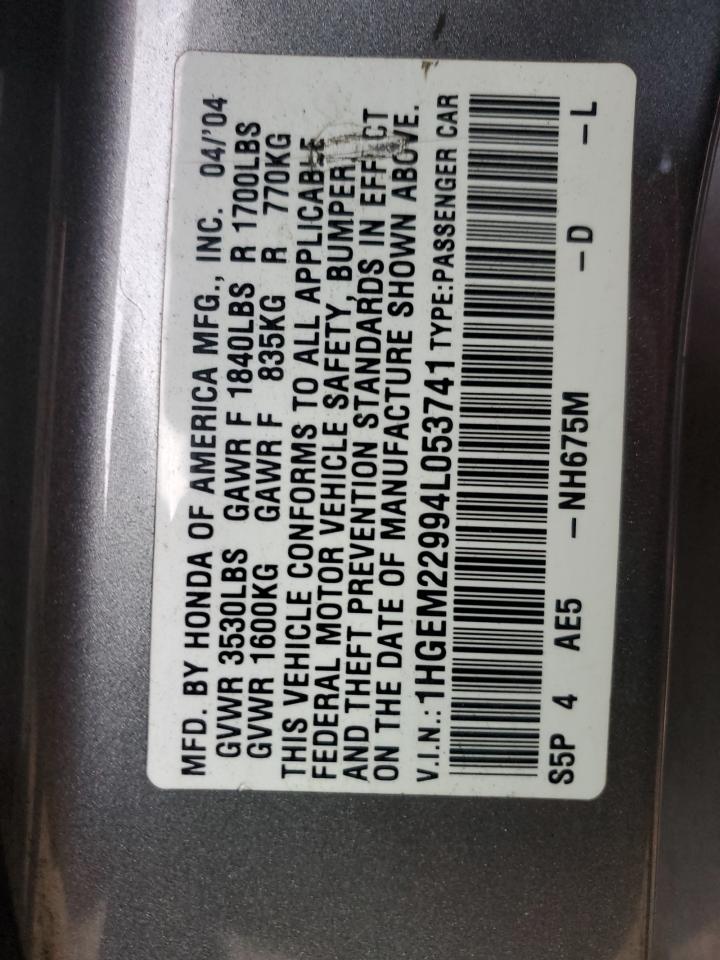 2004 Honda Civic VIN 1HGEM22994L053741 Copart auction photo, front end / side damage thumbnail 12