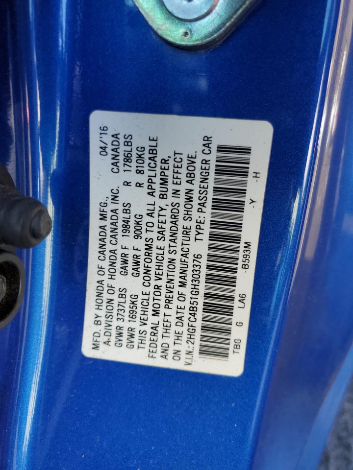 2016 Honda Civic VIN 2HGFC4B51GH303376 Copart auction photo, side / rear end damage thumbnail 12