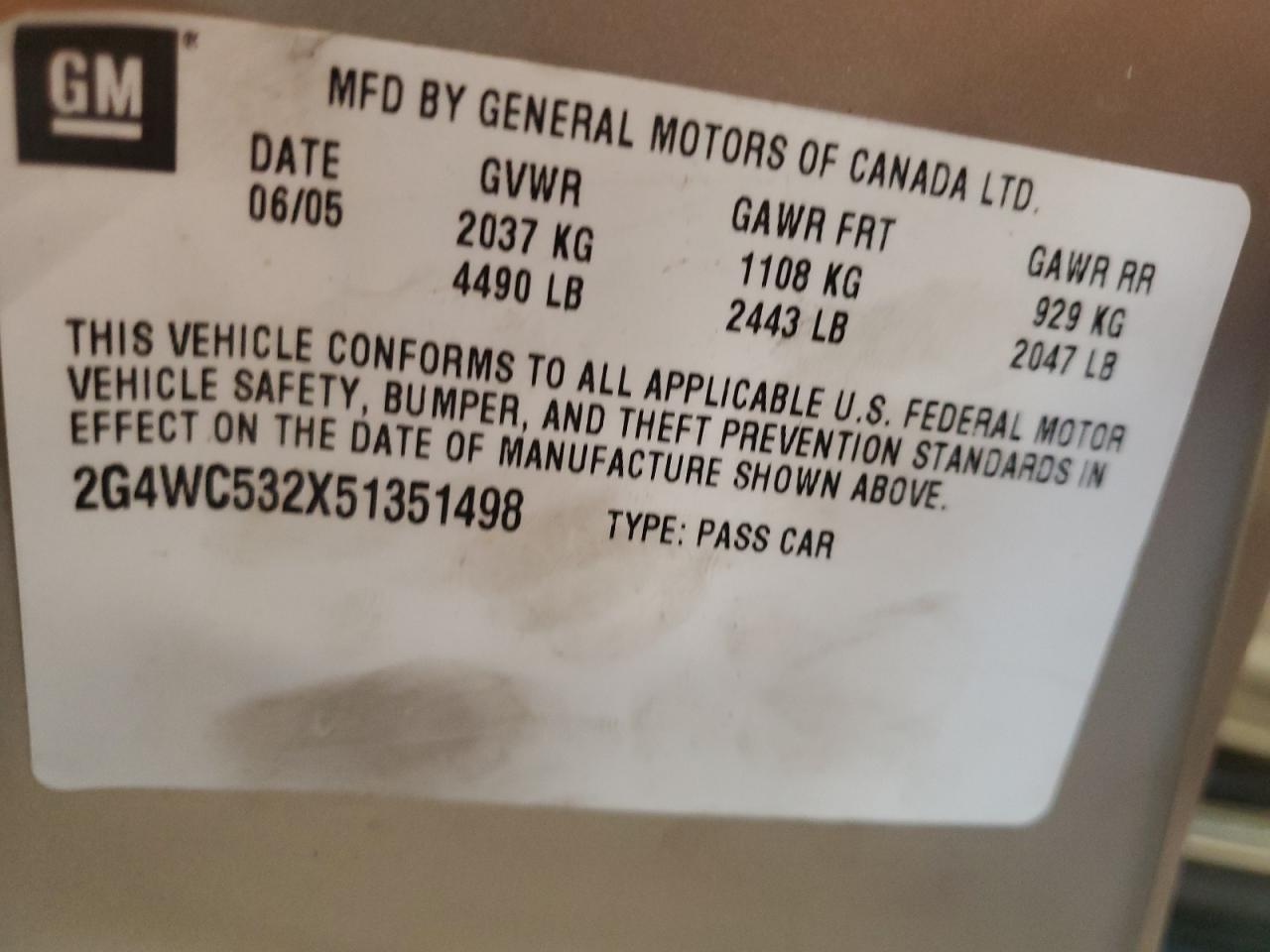 2005 Buick LaCrosse VIN 2G4WC532X51351498 Copart auction photo, front end damage thumbnail 13