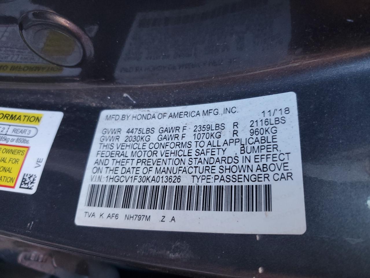 2019 Honda Accord VIN 1HGCV1F30KA013626 Copart auction photo, front end / side damage thumbnail 12