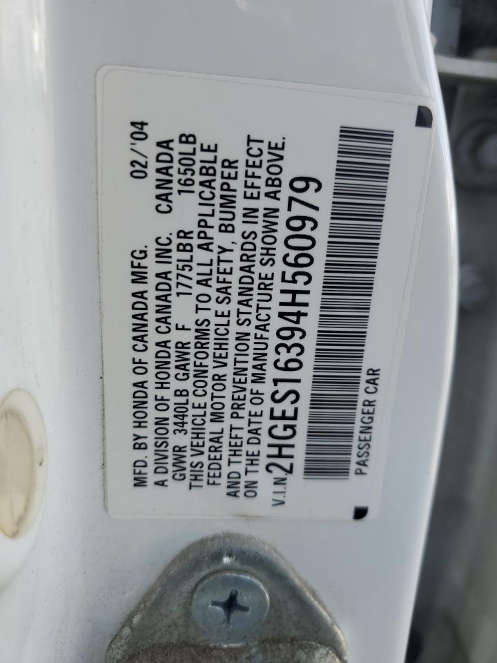 2004 Honda Civic VIN 2HGES16394H560979 Copart auction photo, front end / rear end damage thumbnail 14