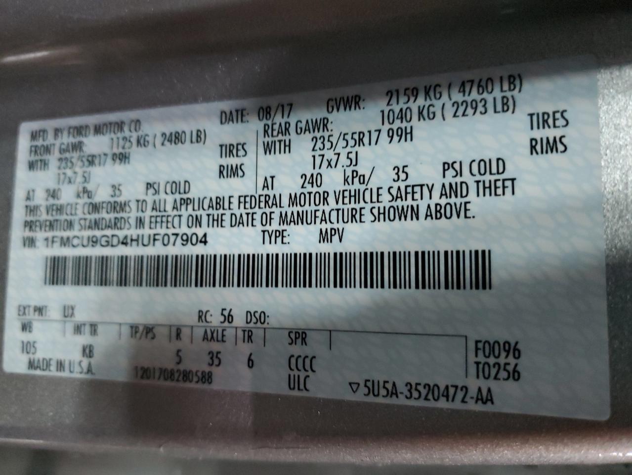 2017 Ford Escape VIN 1FMCU9GD4HUF07904 Copart auction photo, front end / side damage thumbnail 13