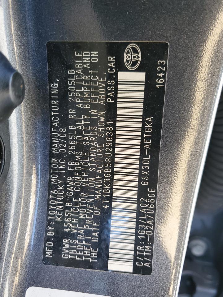 2008 Toyota Avalon VIN 4T1BK36B58U298381 Copart auction photo, all over damage thumbnail 14