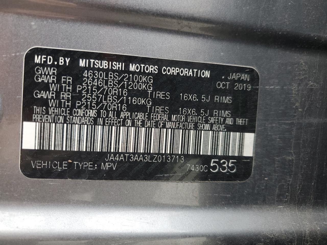 2020 Mitsubishi Eclipse VIN JA4AT3AA3LZ013713 Copart auction photo, front end / side damage thumbnail 14