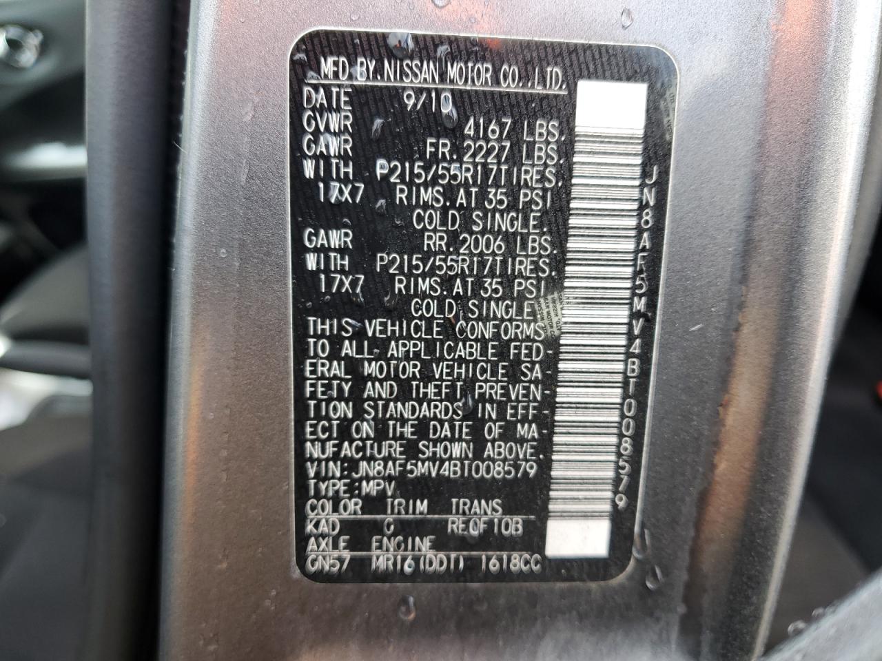 2011 Nissan Juke VIN JN8AF5MV4BT008579 Copart auction photo, rear end damage thumbnail 12