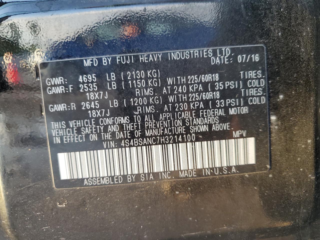 2017 Subaru Outback VIN 4S4BSANC7H3214100 Copart auction photo, water/flood damage thumbnail 14