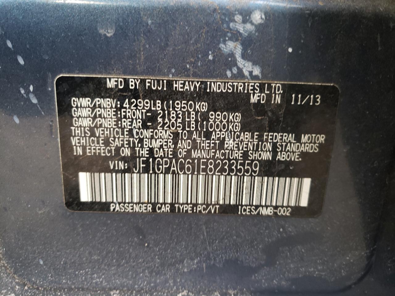2014 Subaru Impreza VIN JF1GPAC61E8233559 Copart auction photo, all over damage thumbnail 12