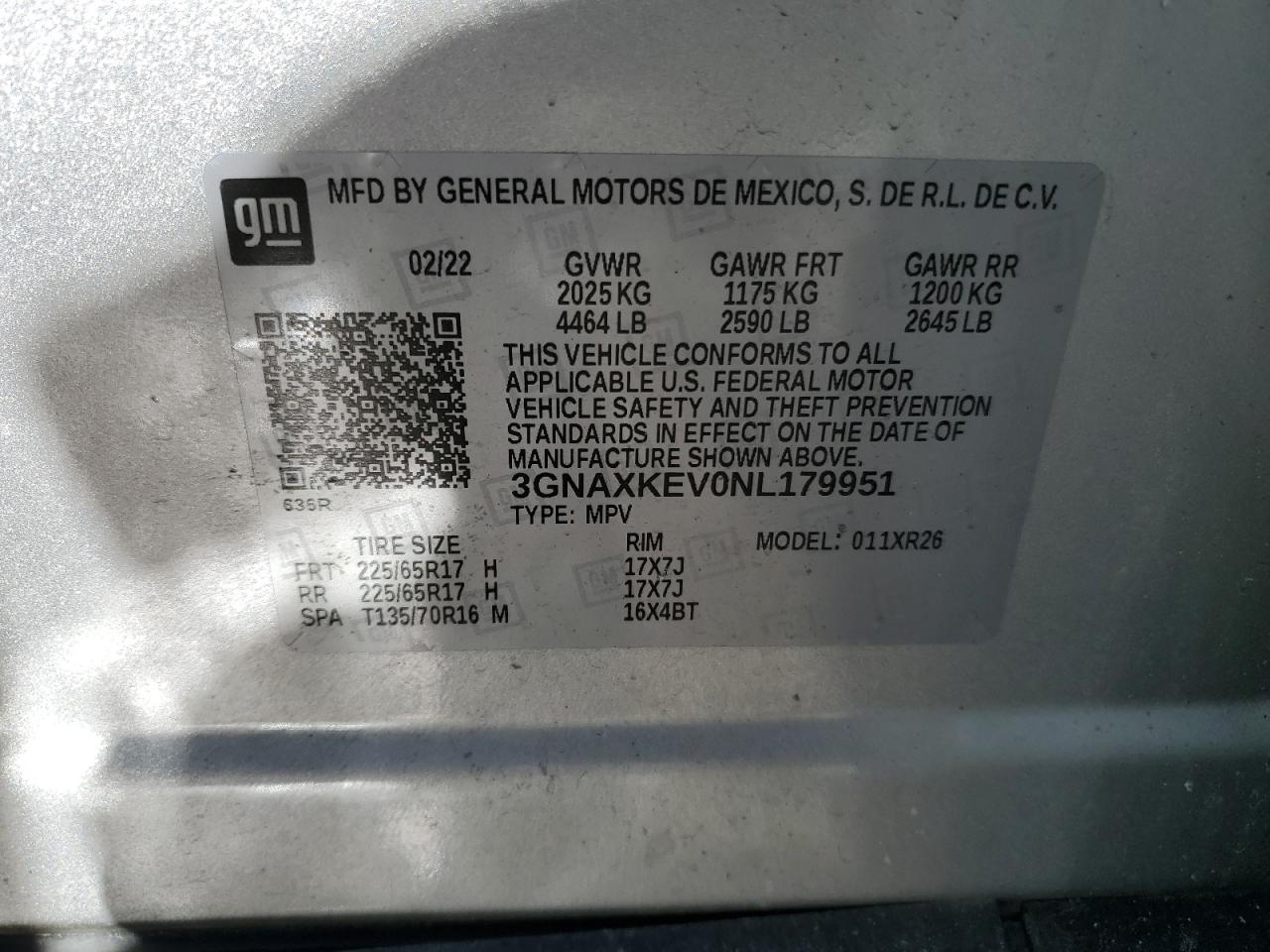 2022 Chevrolet Equinox VIN 3GNAXKEV0NL179951 Copart auction photo, front end / side damage thumbnail 14