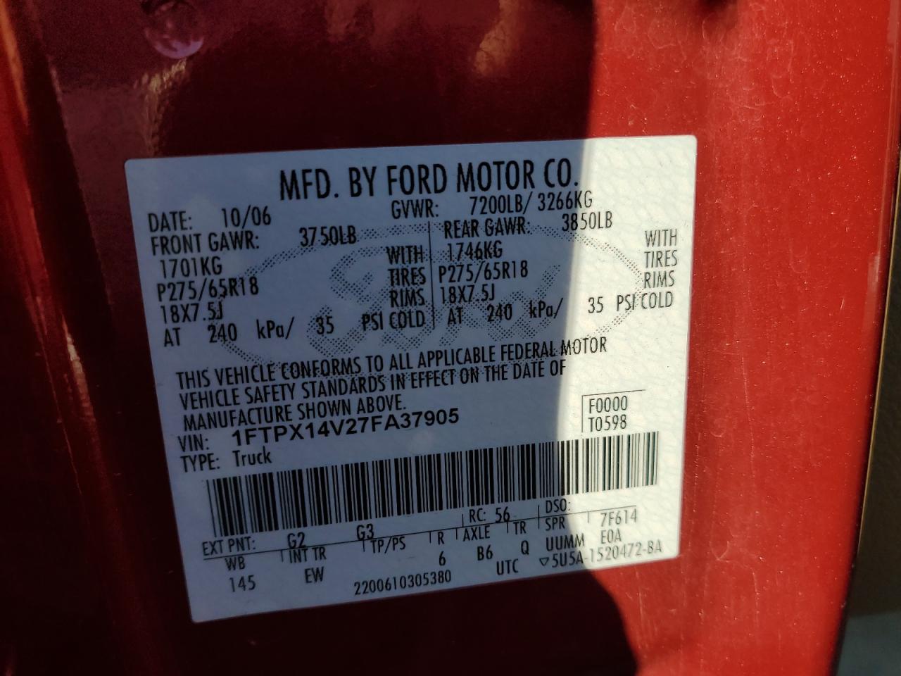 2007 Ford F-150 VIN 1FTPX14V27FA37905 Copart auction photo, front end damage thumbnail 12