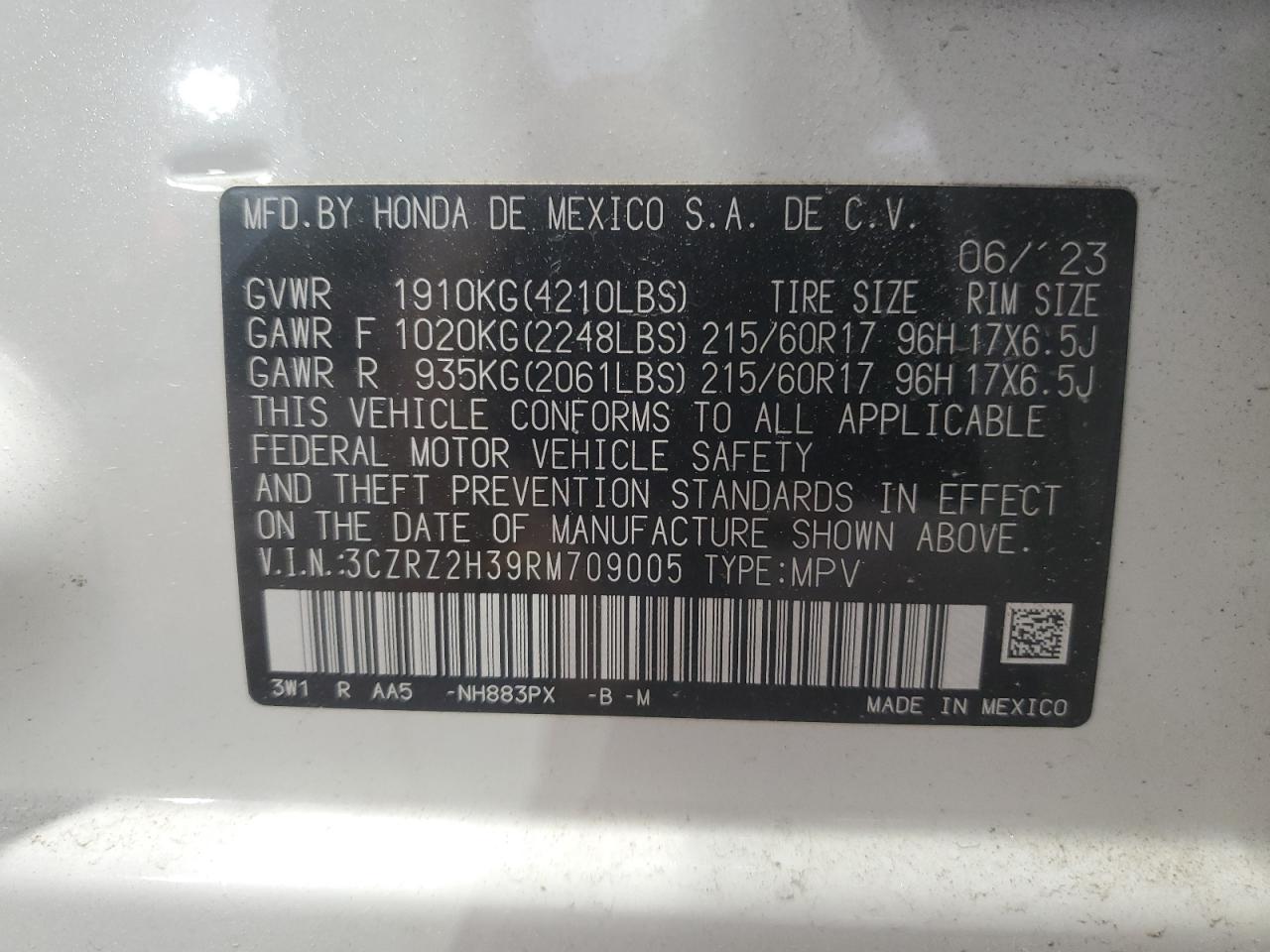 2024 Honda HR-V VIN 3CZRZ2H39RM709005 Copart auction photo, front end damage thumbnail 15