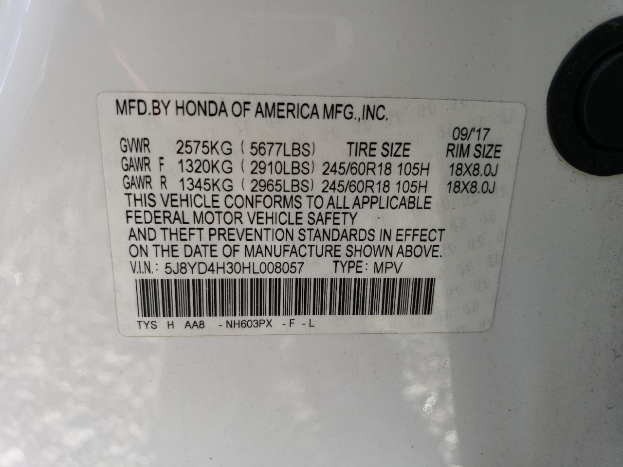 2017 Acura MDX VIN 5J8YD4H30HL008057 Copart auction photo, front end / side damage thumbnail 14