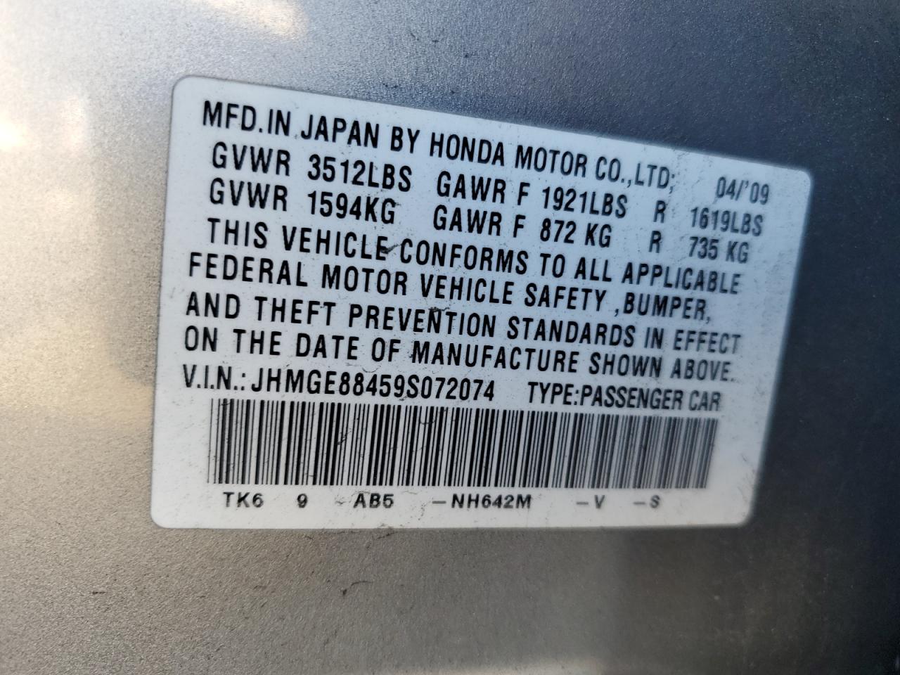 2009 Honda Fit VIN JHMGE88459S072074 Copart auction photo, side damage thumbnail 13