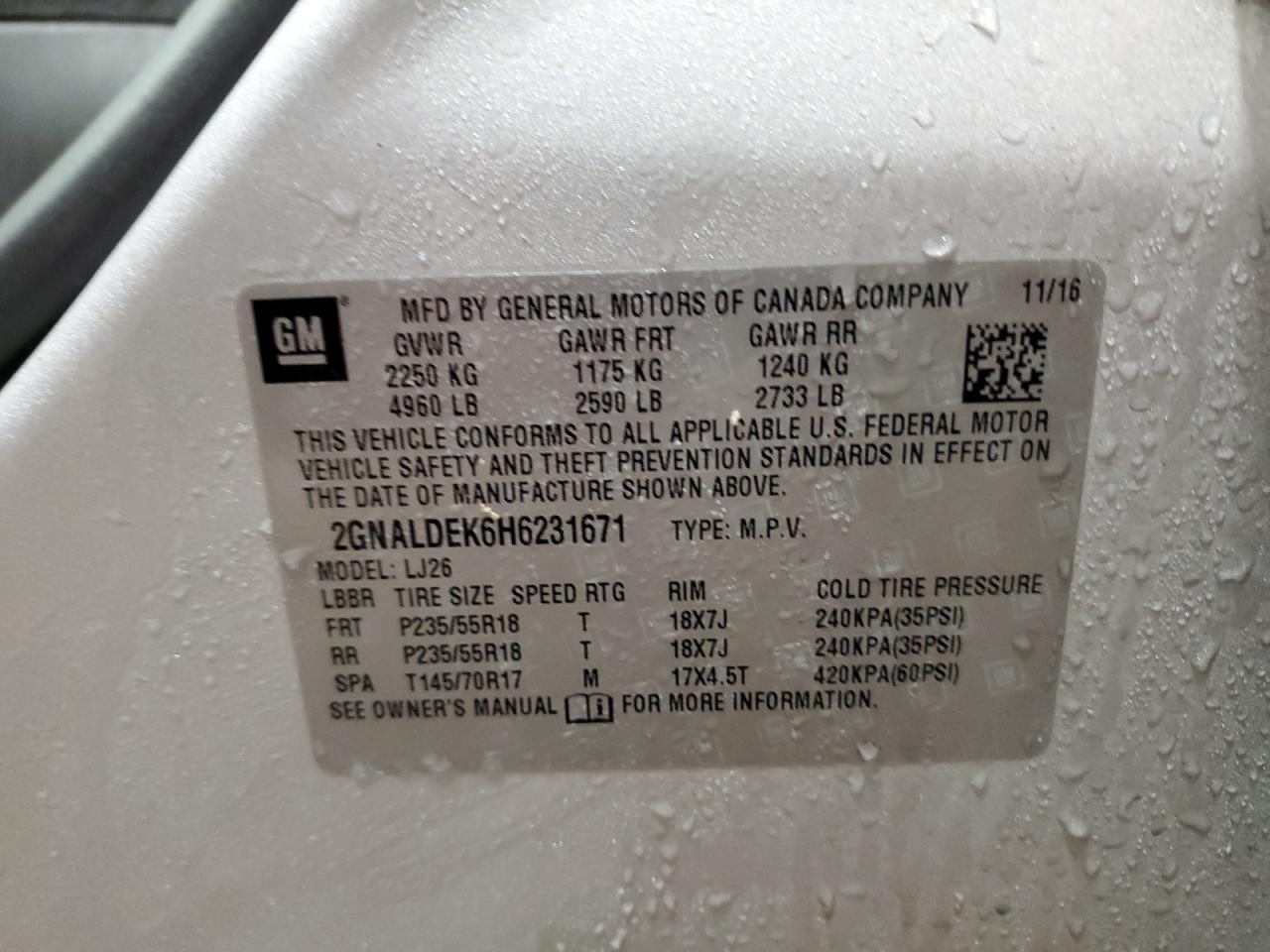 2017 Chevrolet Equinox VIN 2GNALDEK6H6231671 Copart auction photo, front end damage thumbnail 15