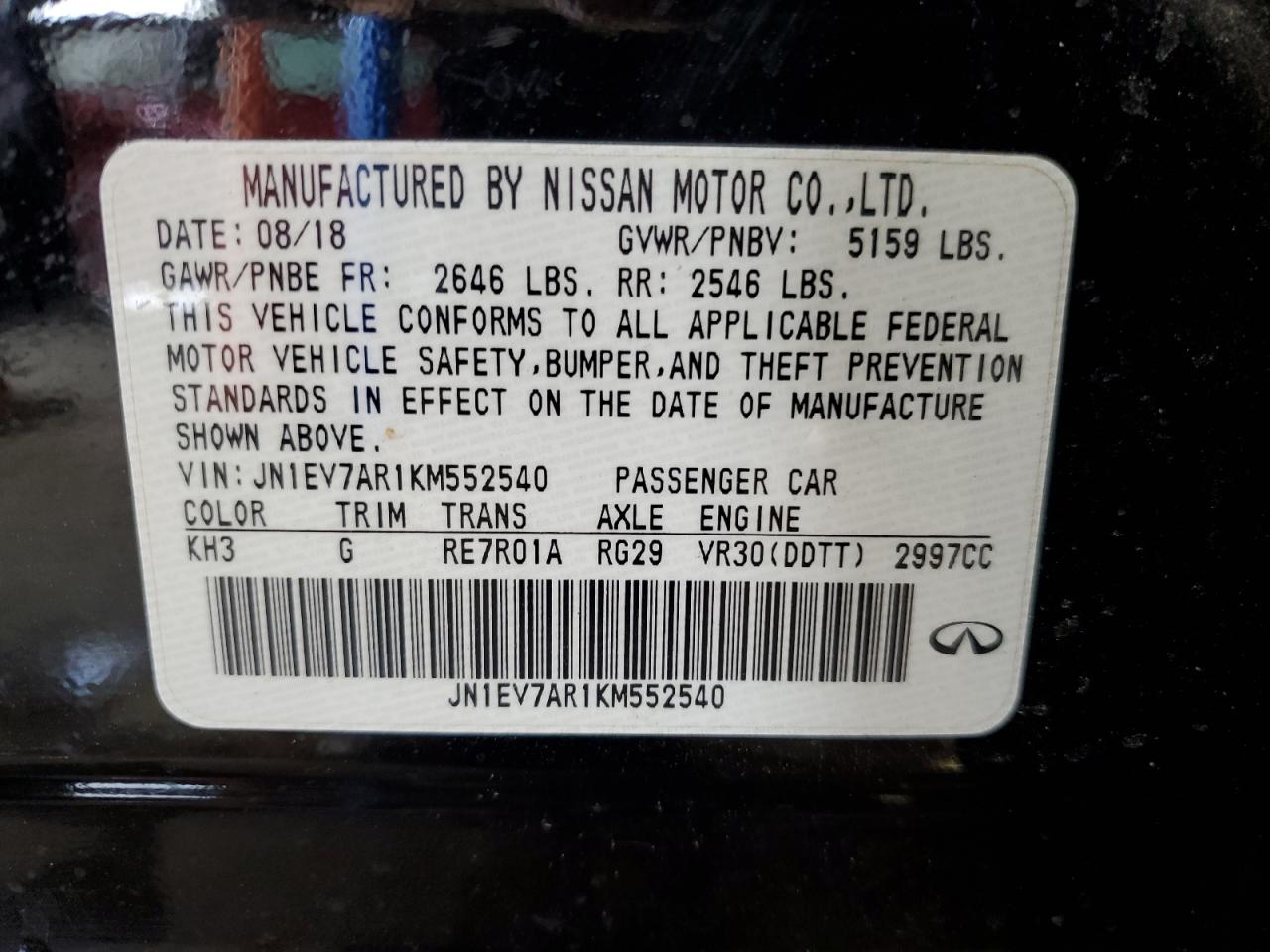 2019 Infiniti Q50 VIN JN1EV7AR1KM552540 Copart auction photo, front end / top/roof damage thumbnail 13