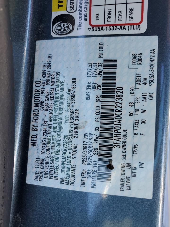 2012 Ford Fusion VIN 3FAHP0JA0CR223820 Copart auction photo, rear end damage thumbnail 15