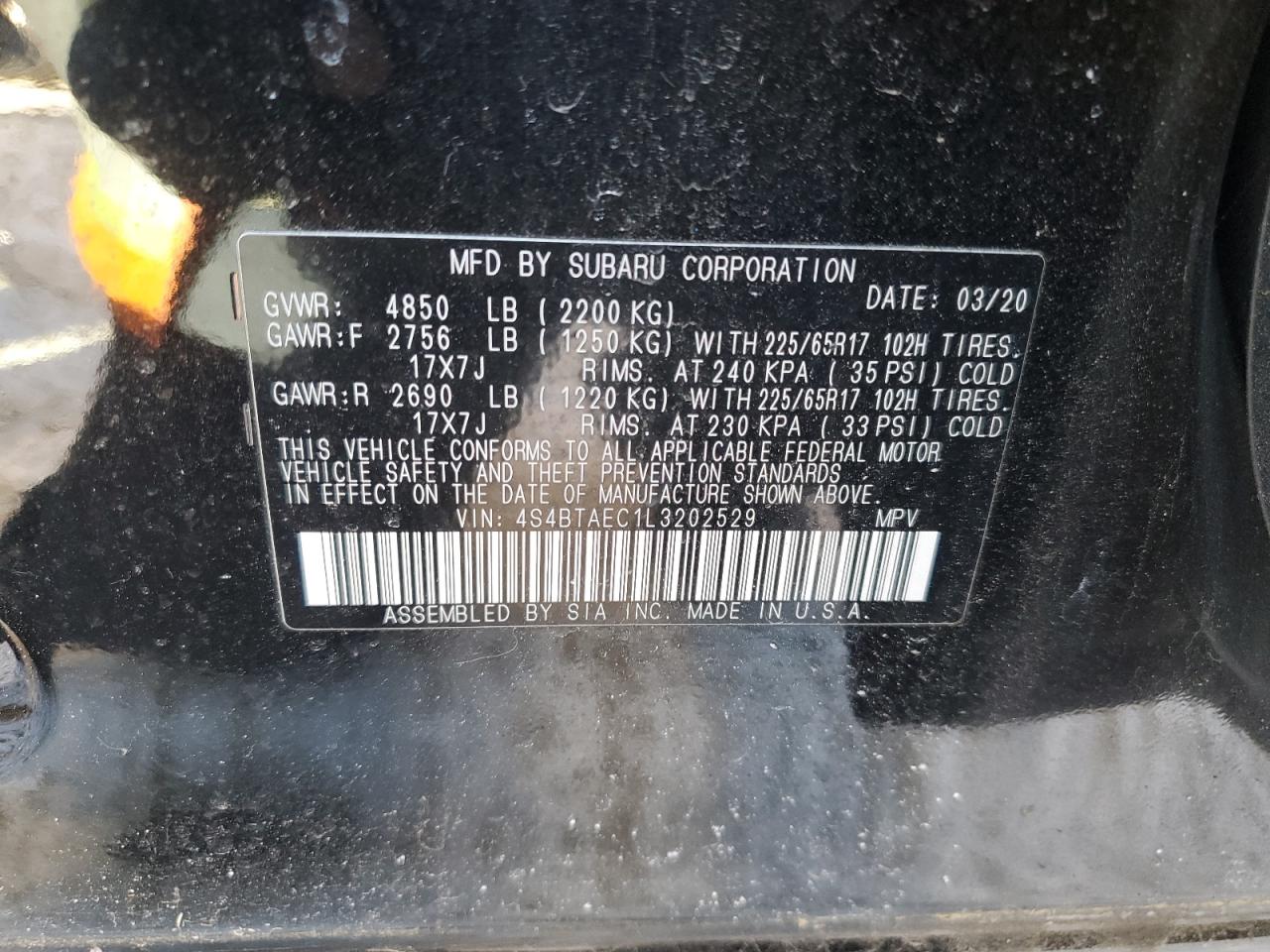 2020 Subaru Outback VIN 4S4BTAEC1L3202529 Copart auction photo, front end / undercarriage damage thumbnail 13