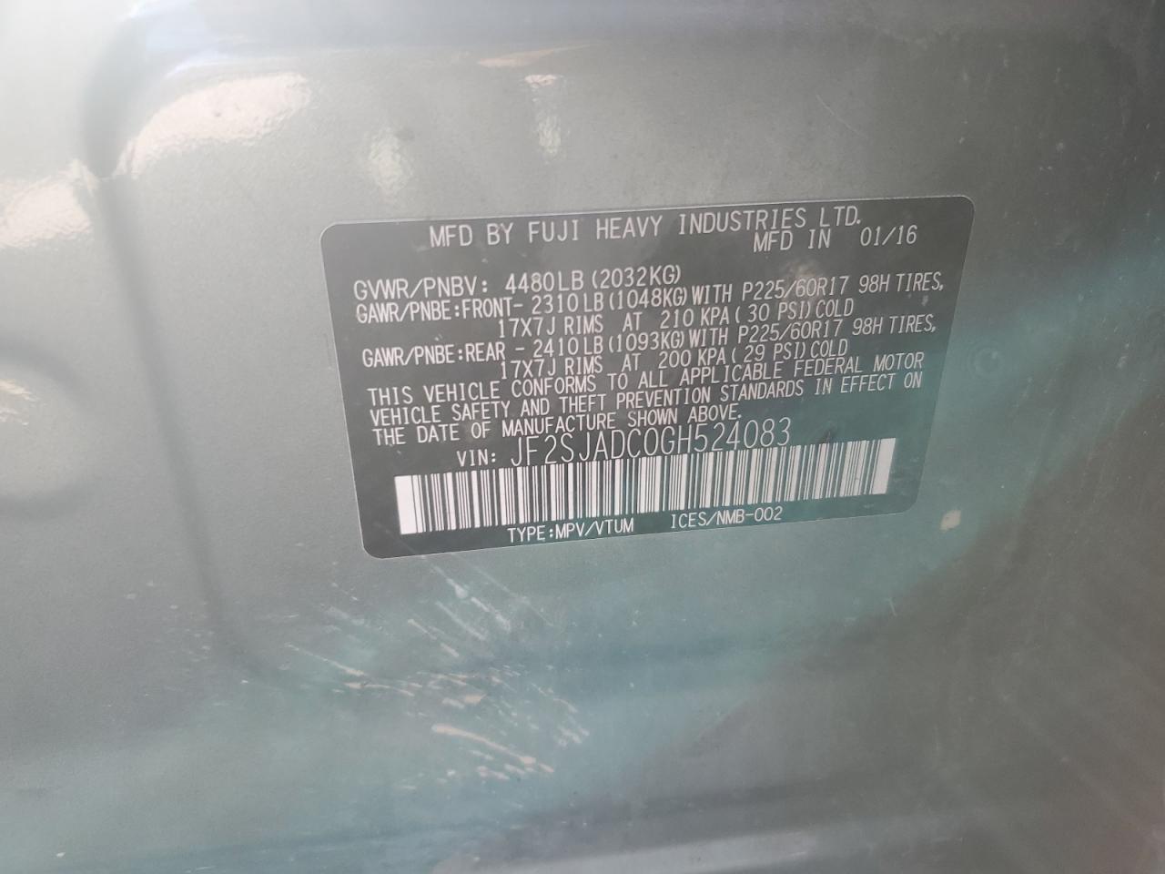 2016 Subaru Forester VIN JF2SJADC0GH524083 Copart auction photo, all over damage thumbnail 12