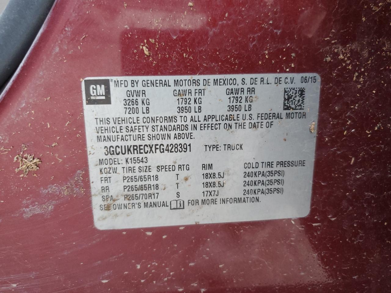 2015 Chevrolet Silverado VIN 3GCUKRECXFG428391 Copart auction photo, water/flood damage thumbnail 12