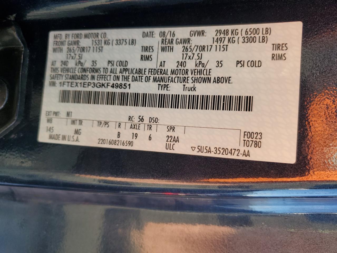 2016 Ford F-150 VIN 1FTEX1EP3GKF49851 Copart auction photo, front end damage thumbnail 12