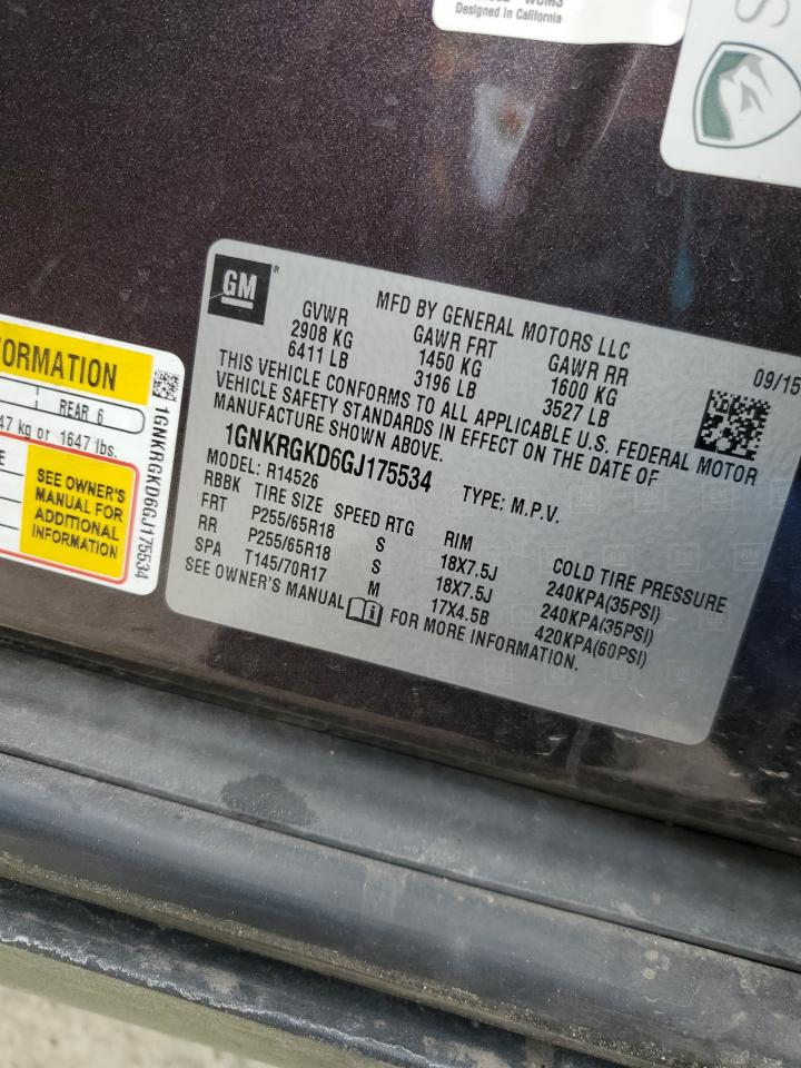 2016 Chevrolet Traverse VIN 1GNKRGKD6GJ175534 Copart auction photo, side / front end damage thumbnail 13