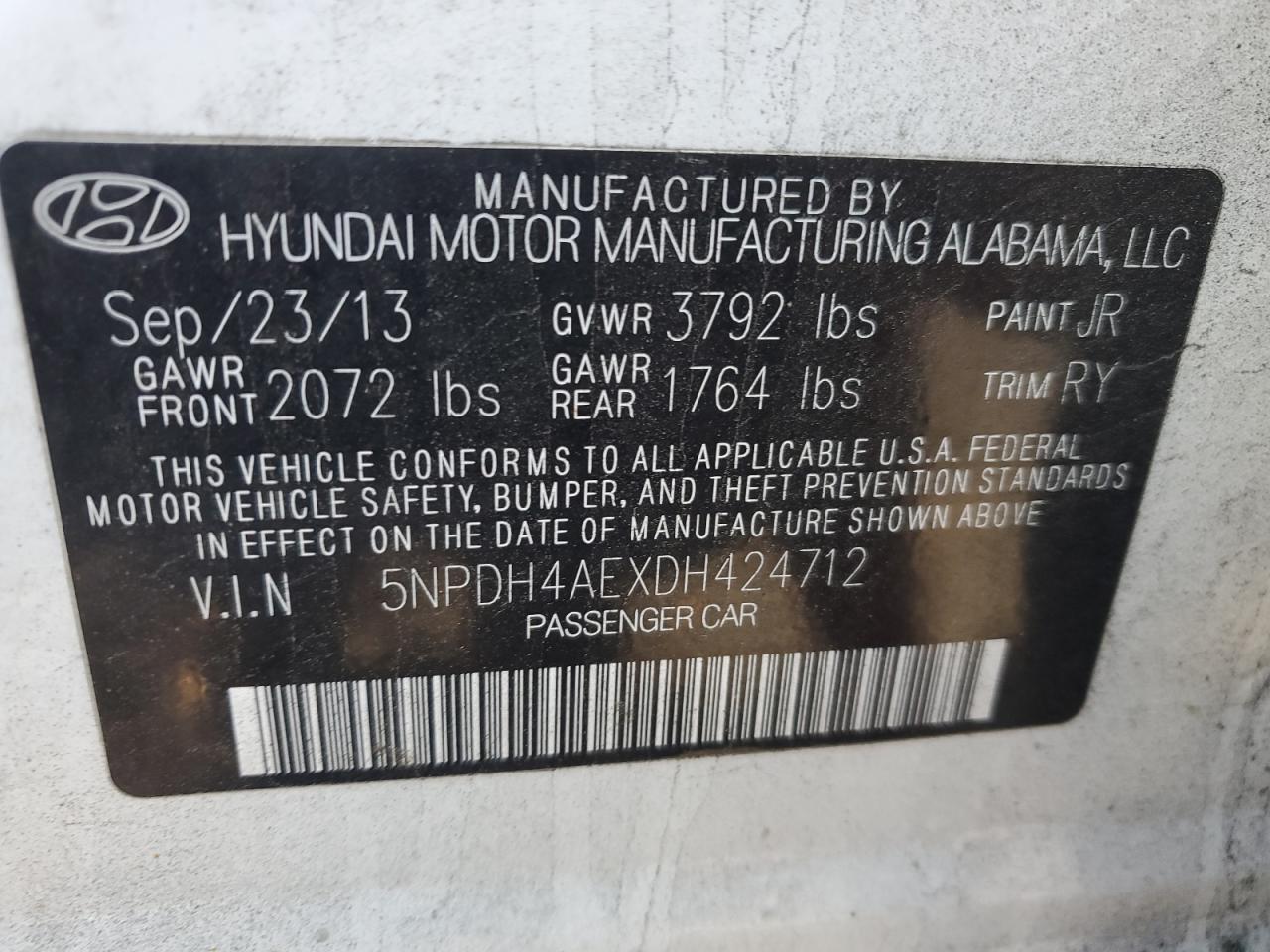 2013 Hyundai Elantra VIN 5NPDH4AEXDH424712 Copart auction photo, front end damage thumbnail 12