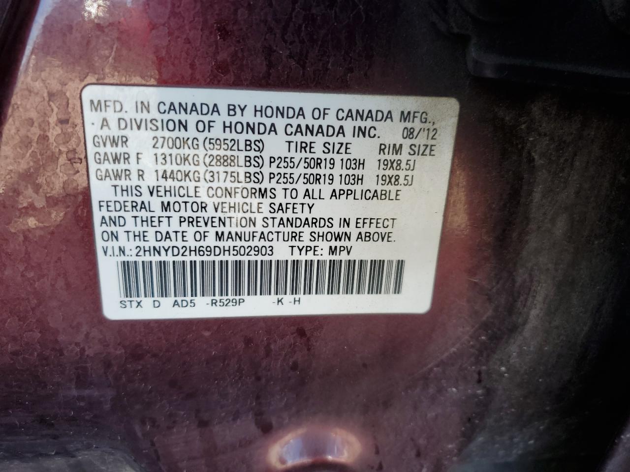 2013 Acura MDX VIN 2HNYD2H69DH502903 Copart auction photo, rear end / front end damage thumbnail 12