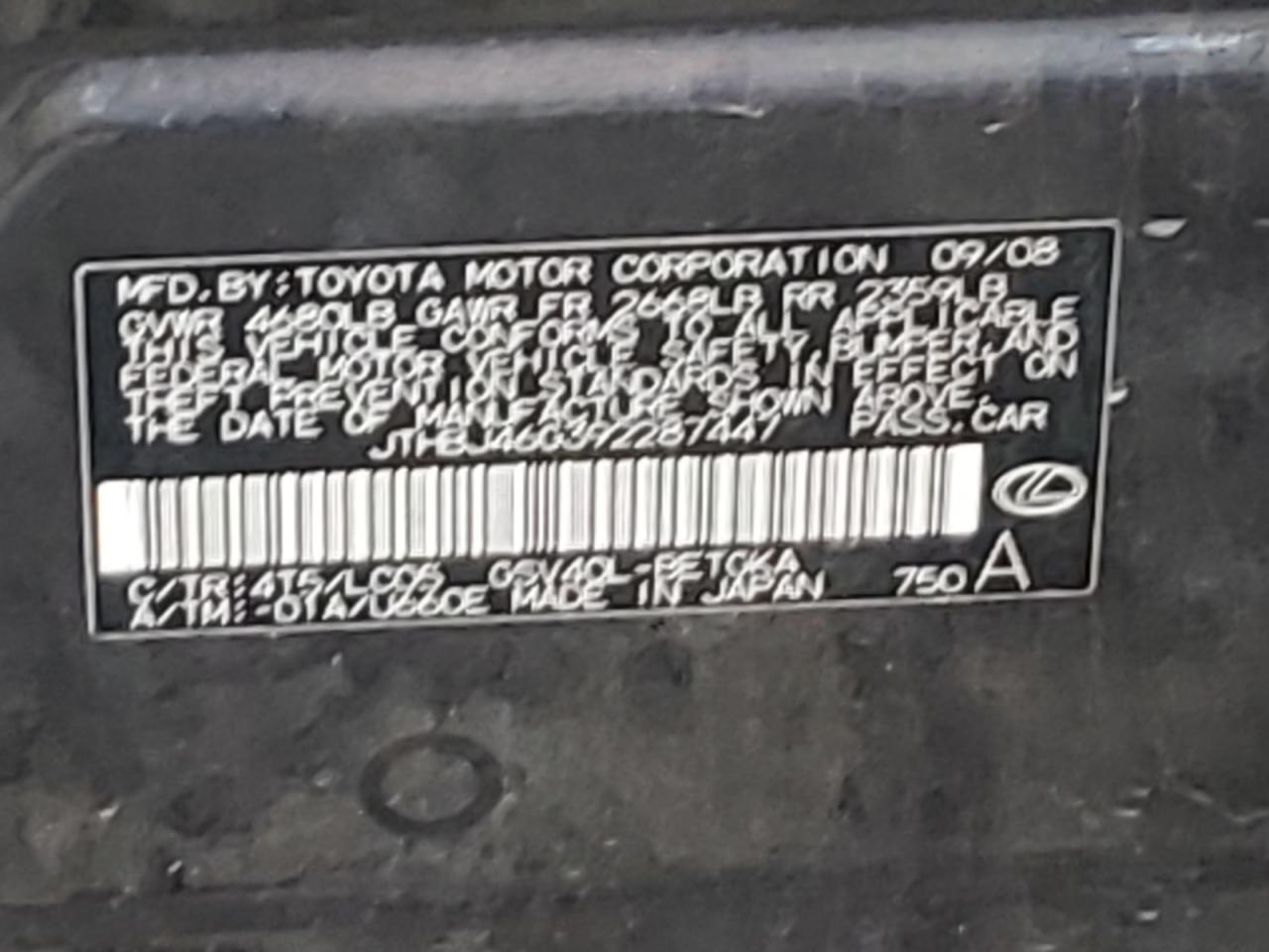 2009 Lexus ES VIN JTHBJ46G392287447 Copart auction photo, front end / minor dent/scratches damage thumbnail 12