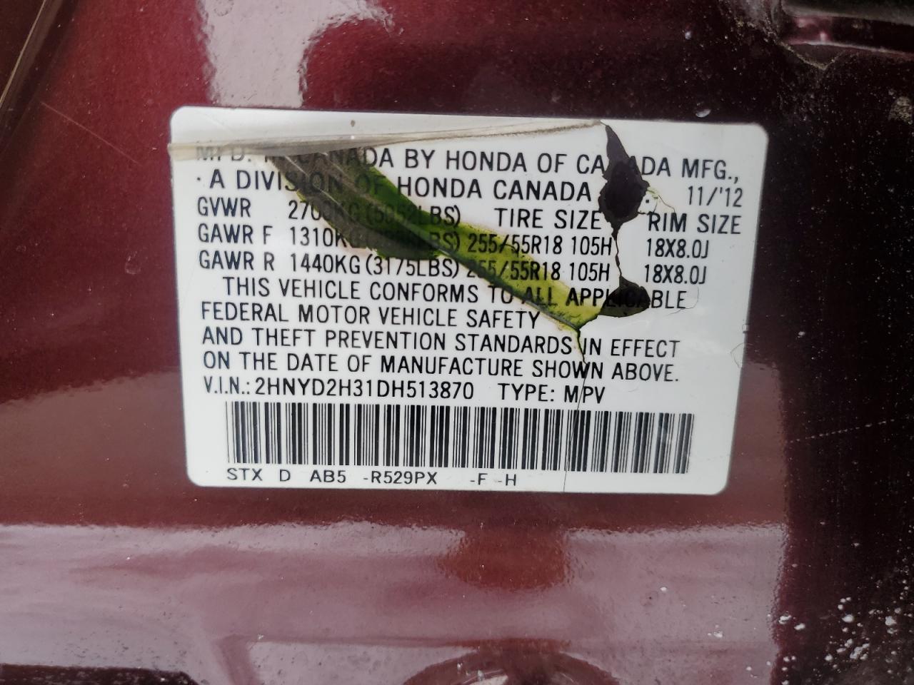 2013 Acura MDX VIN 2HNYD2H31DH513870 Copart auction photo, front end / rear end damage thumbnail 16
