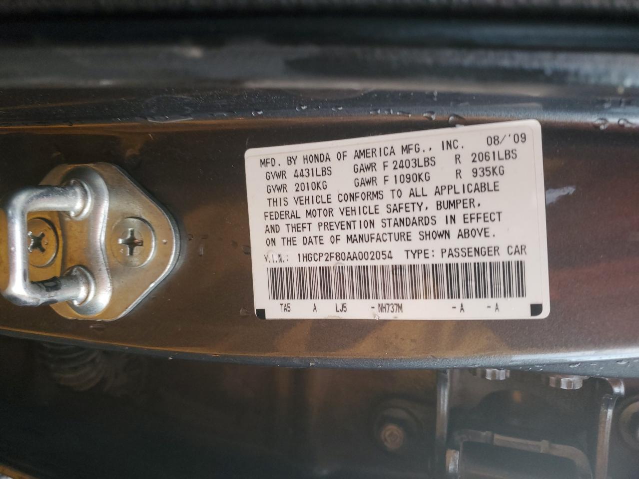 2010 Honda Accord VIN 1HGCP2F80AA002054 Copart auction photo, all over damage thumbnail 12