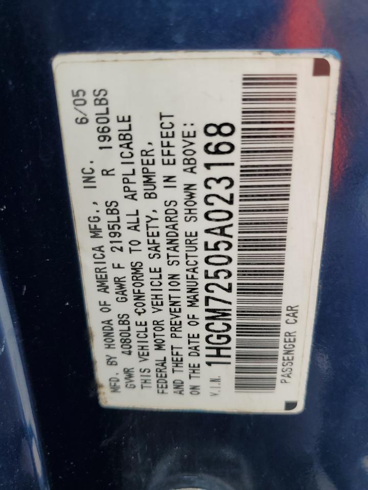 2005 Honda Accord VIN 1HGCM72505A023168 Copart auction photo, front end / rear end damage thumbnail 13