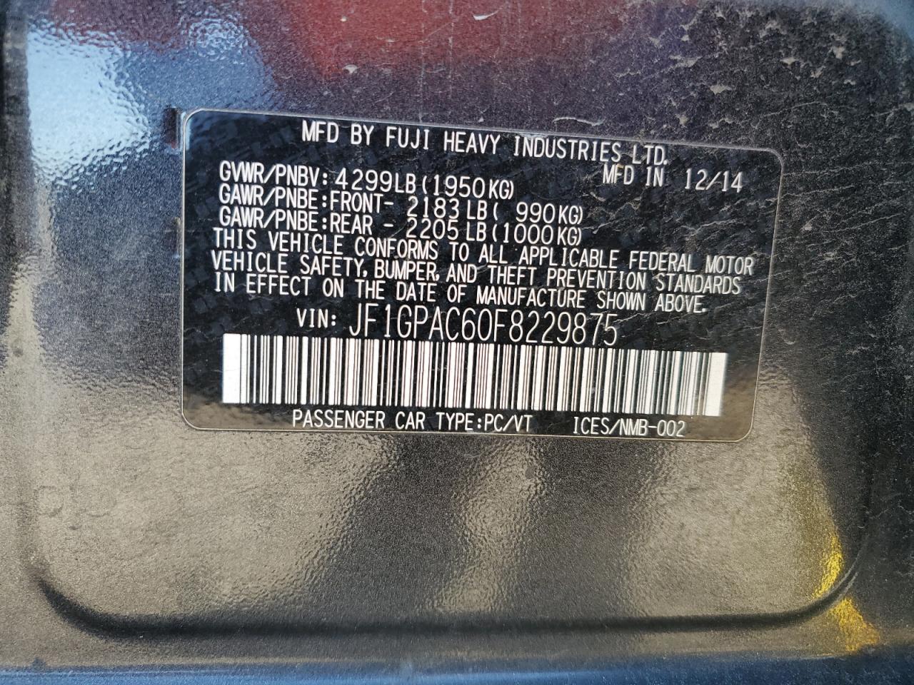 2015 Subaru Impreza VIN JF1GPAC60F8229875 Copart auction photo, all over damage thumbnail 12