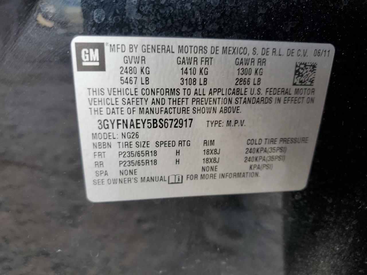 2011 Cadillac SRX VIN 3GYFNAEY5BS672917 Copart auction photo, side damage thumbnail 14
