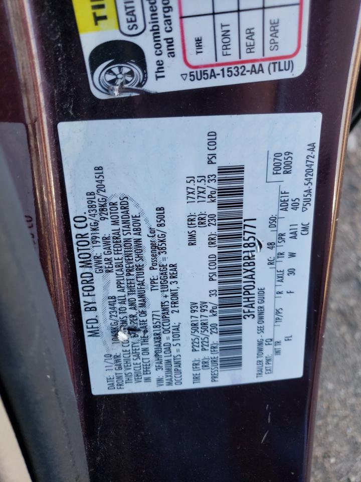 2011 Ford Fusion VIN 3FAHP0JAXBR185771 Copart auction photo, front end damage thumbnail 12