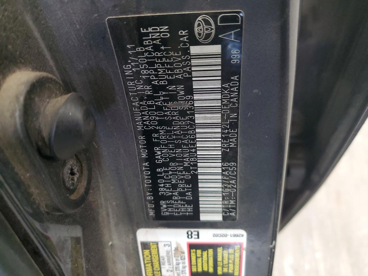 2011 Toyota Corolla VIN 2T1BU4EE6BC731369 Copart auction photo, rear end / front end damage thumbnail 15