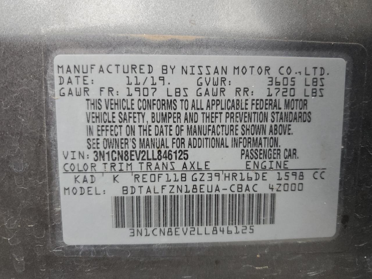 2020 Nissan Versa VIN 3N1CN8EV2LL846125 Copart auction photo, front end damage thumbnail 12