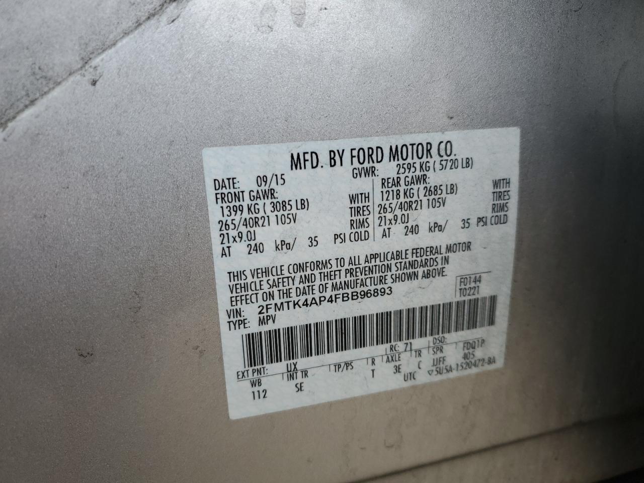2015 Ford Edge VIN 2FMTK4AP4FBB96893 Copart auction photo, rear end damage thumbnail 15