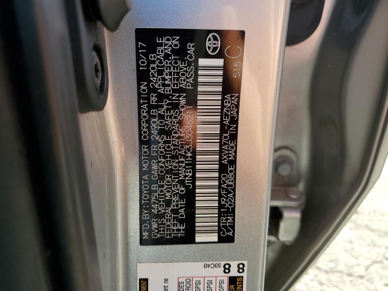 2018 Toyota Camry VIN JTNB11HK3J3046211 Copart auction photo, rear end damage thumbnail 12