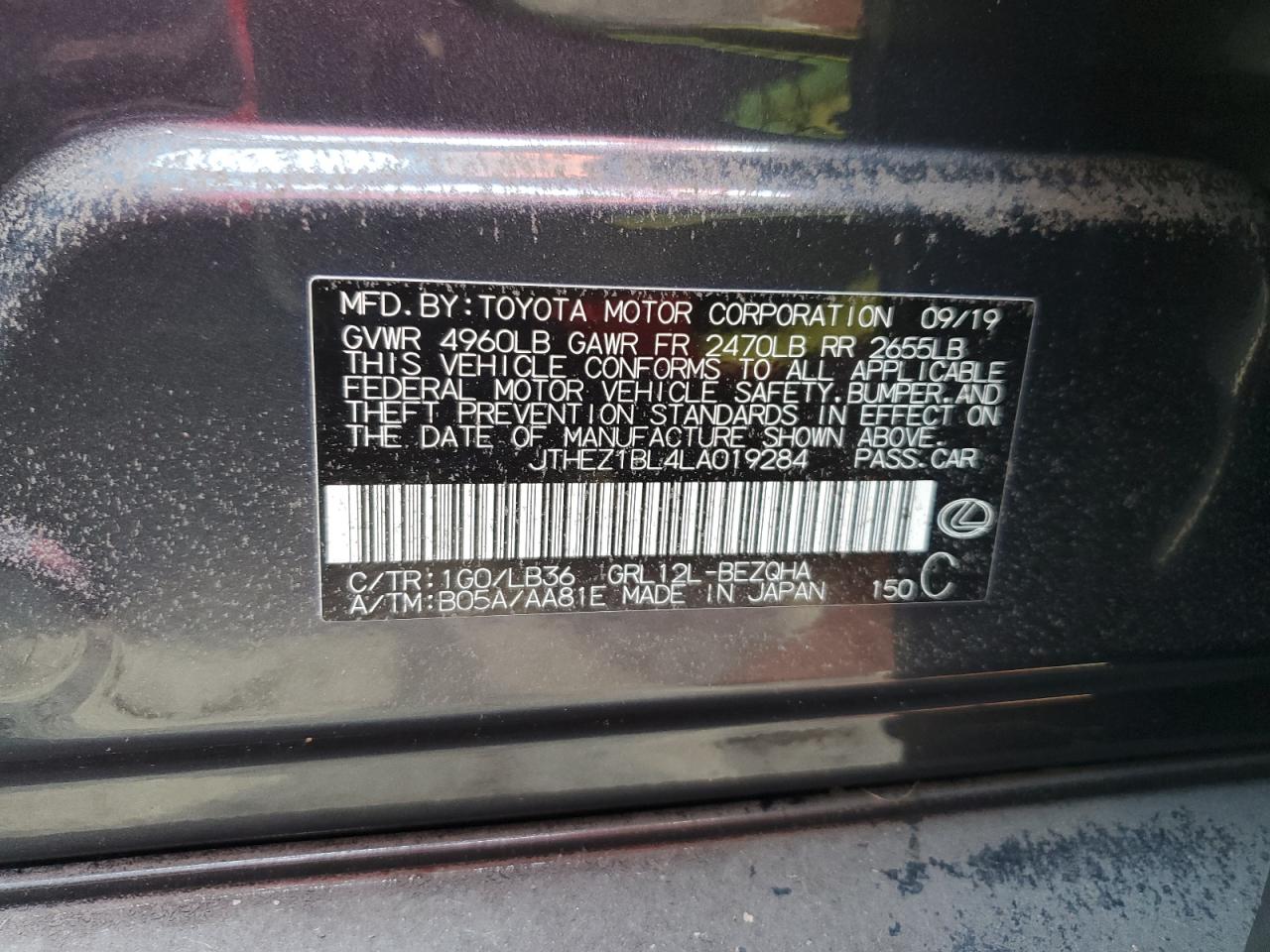 2020 Lexus GS VIN JTHEZ1BL4LA019284 Copart auction photo, water/flood damage thumbnail 13