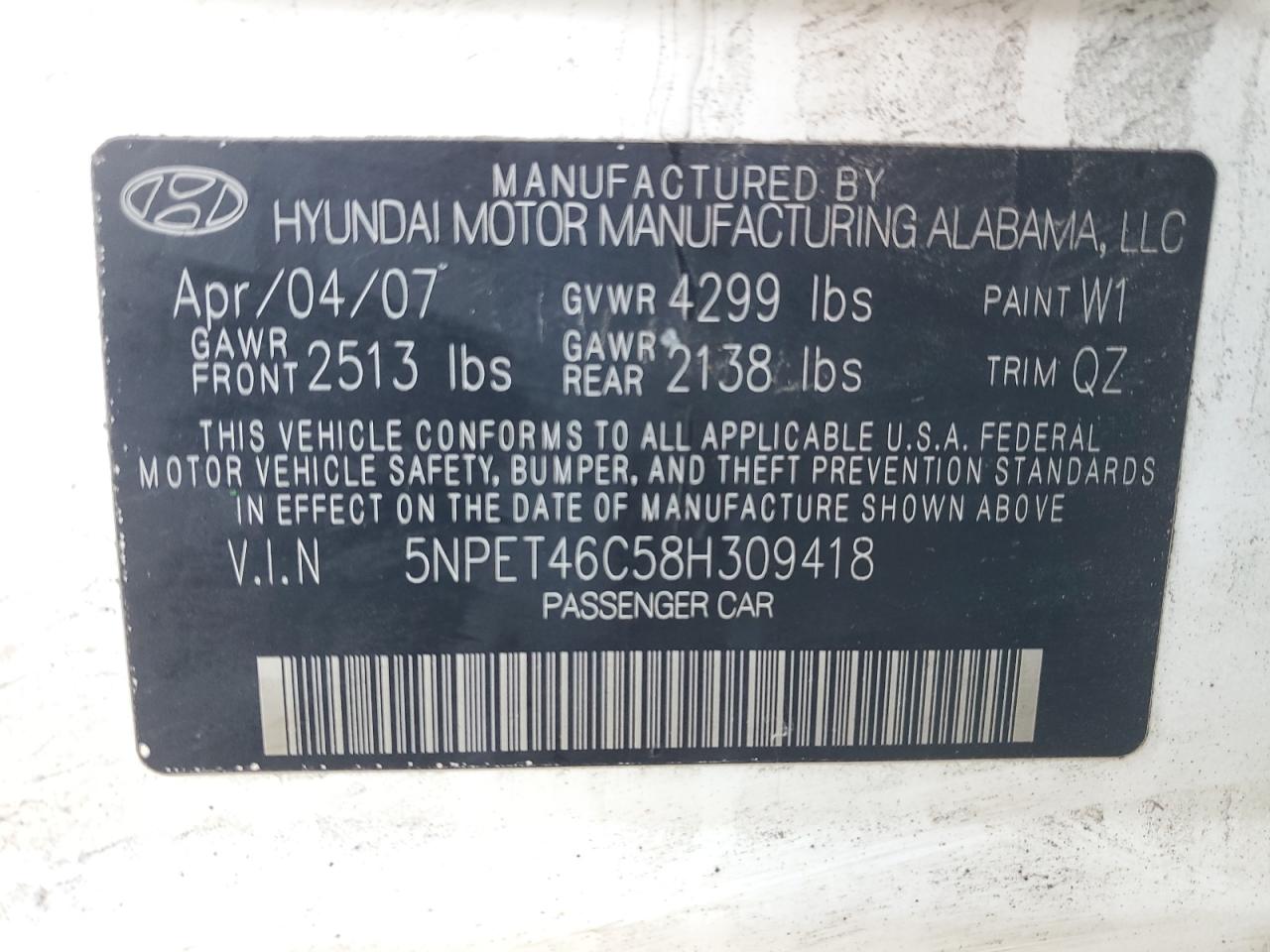 2008 Hyundai Sonata VIN 5NPET46C58H309418 Copart auction photo, side / front end damage thumbnail 12