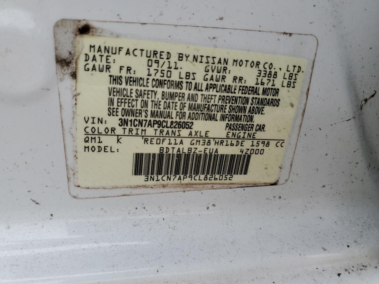 2012 Nissan Versa VIN 3N1CN7AP9CL826052 Copart auction photo, front end damage thumbnail 12