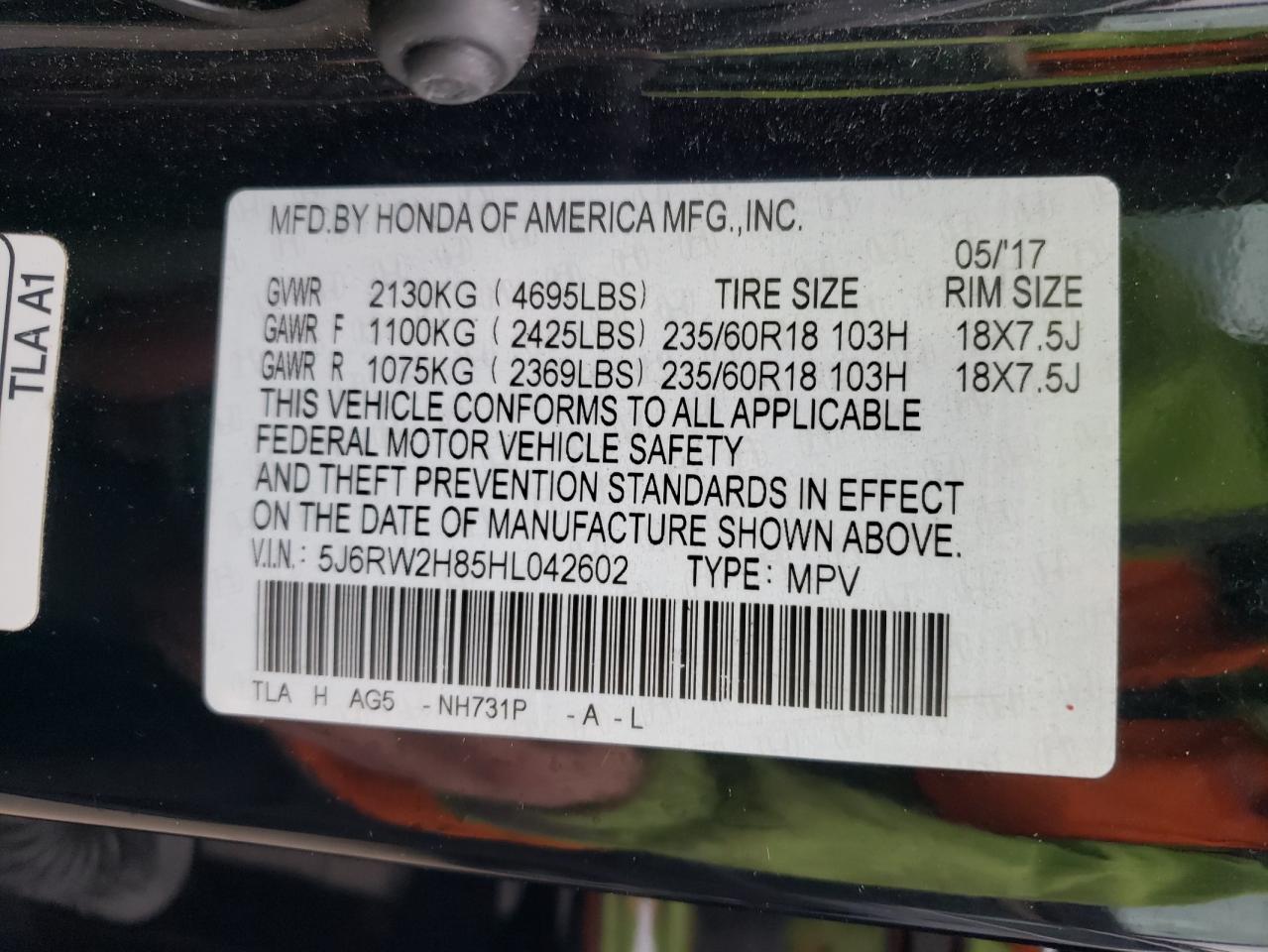 2017 Honda CR-V VIN 5J6RW2H85HL042602 Copart auction photo, front end / rear end damage thumbnail 13