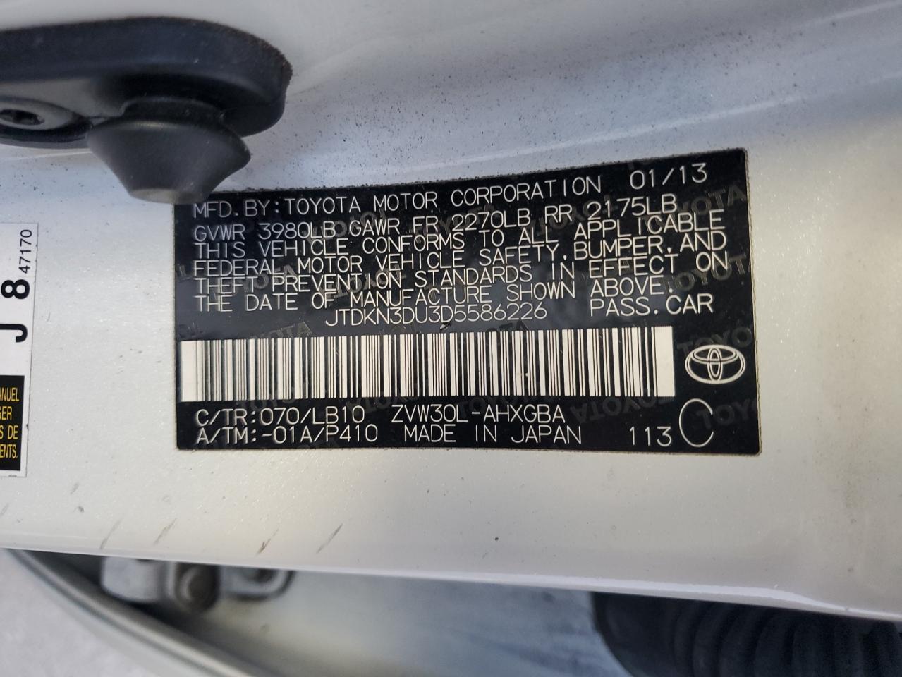 2013 Toyota Prius VIN JTDKN3DU3D5586226 Copart auction photo, vandalism damage thumbnail 15