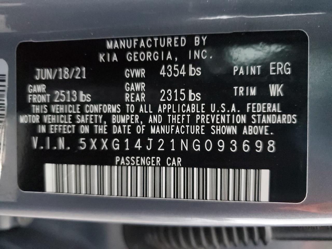 2022 KIA K5 VIN 5XXG14J21NG093698 Copart auction photo, front end damage thumbnail 13