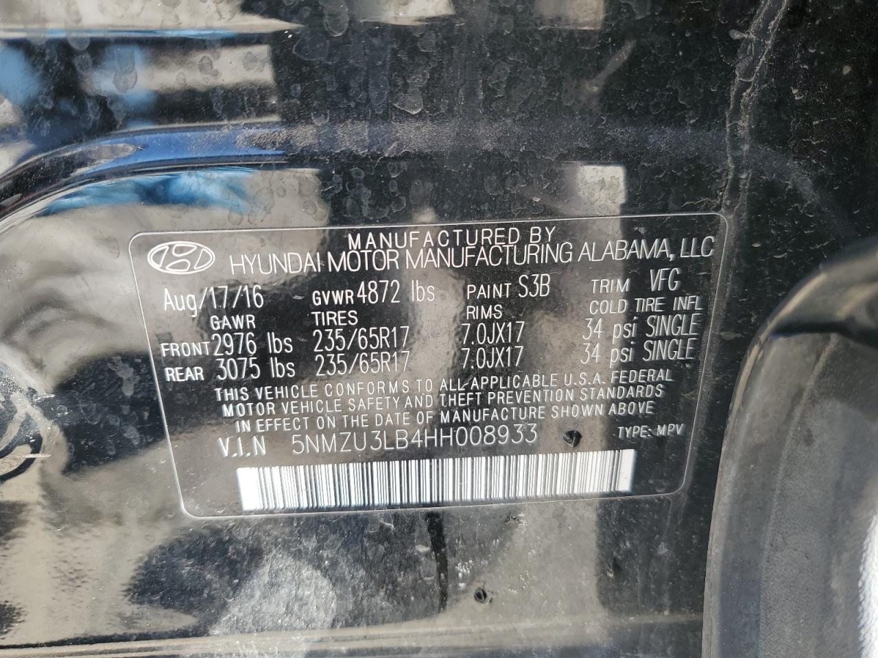 2017 Hyundai Santa Fe VIN 5NMZU3LB4HH008933 Copart auction photo, rear end / front end damage thumbnail 13